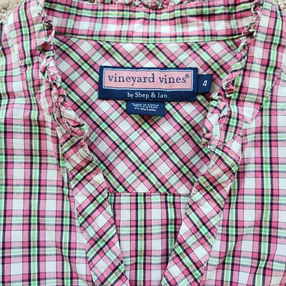 Vineyard Vines Pink & Green Plaid Ruffle Collar Button-Down Shirt Blouse, Sz 4 - Picture 3 of 11